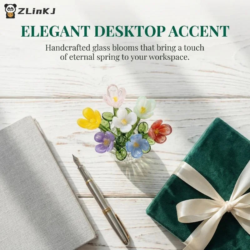 ▶Mini Lifelike Glass Flowers Simulation Flowers Handcrafted Floral Sculpture Floral Bouquet With Vase Dollhouse Decorative Model Zpaxo