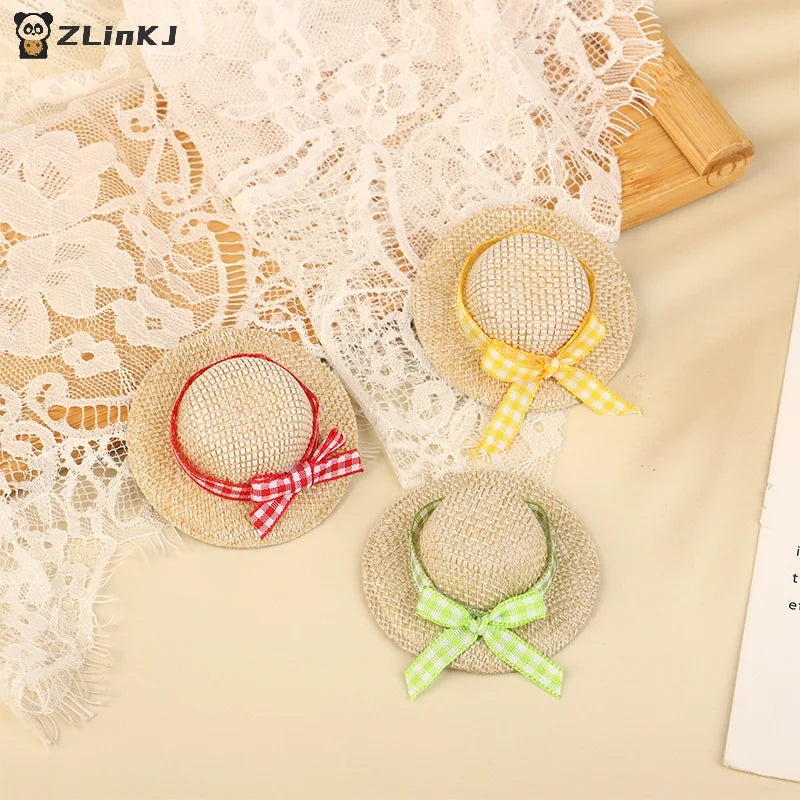 ▶2Pcs Miniature Handmade Style Straw Hat Mini Sun Cap Ribbon With Bow for Doll Decor Accessories Doll House Photo Props Zpaxo