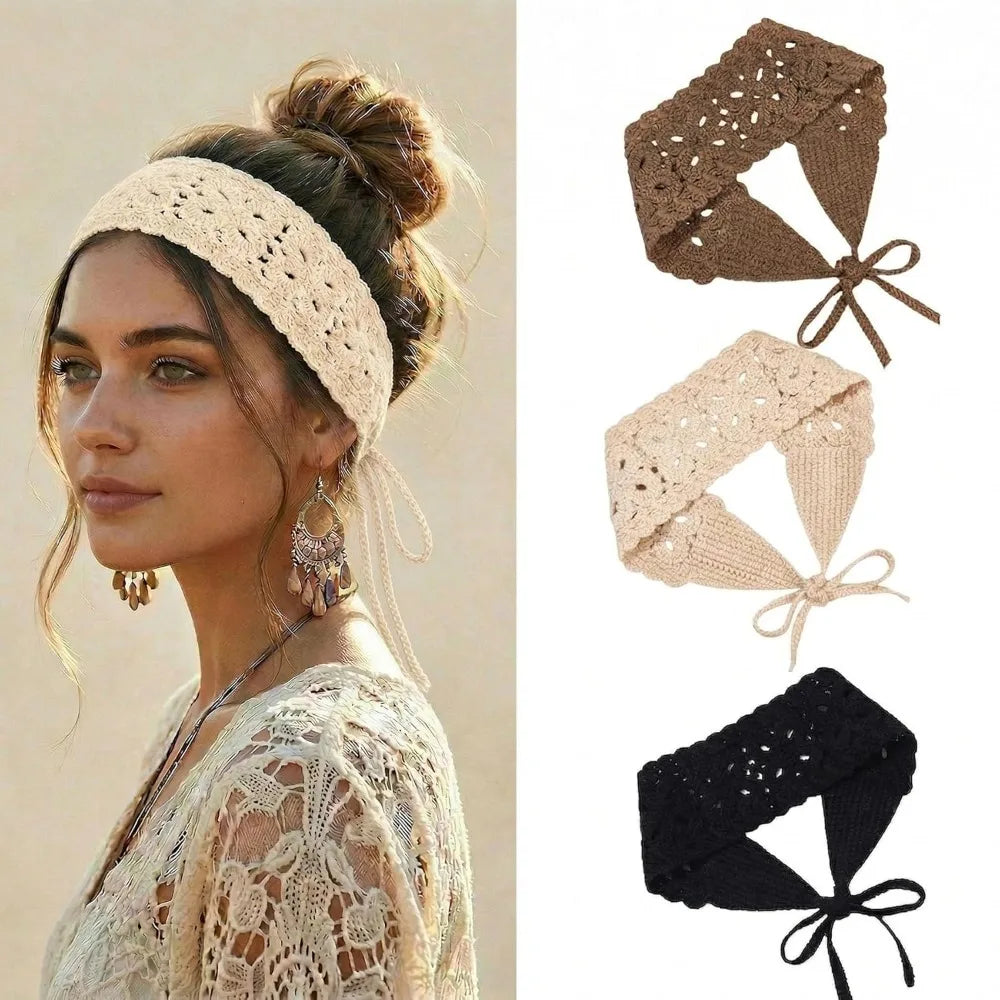 Boho Floral Headband Handmade Solid Color Knit Hair Band Hollow Out Crochet Hair Scarf Zpaxo