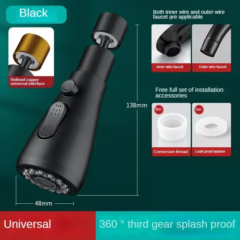 360° Rotating Faucet Extender – 3-Mode Metal Alloy Spray Head
