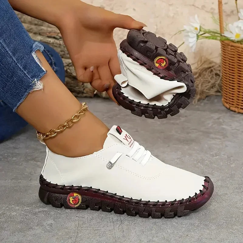 New Women Sneakers Comfortable Soft Leather Loafers Shoes for Women Hand Sewing Thread Mom Shoes Fashion Outdoor Sneakers Women Zpaxo WHITE 38