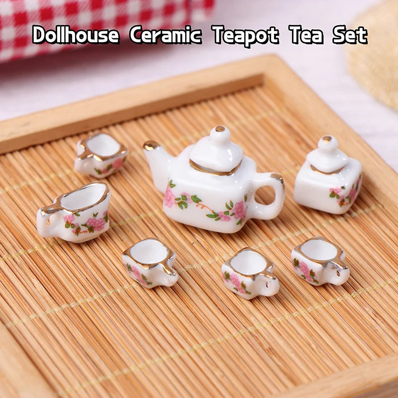 ▶1Set 1:12 Dollhouse Miniature Ceramics Teapot Tea Set Mini Ceramic Kungfu Tea Set Kettle Cup Tableware Model Kitchen Decor Toys Zpaxo Style01 - 7PCS