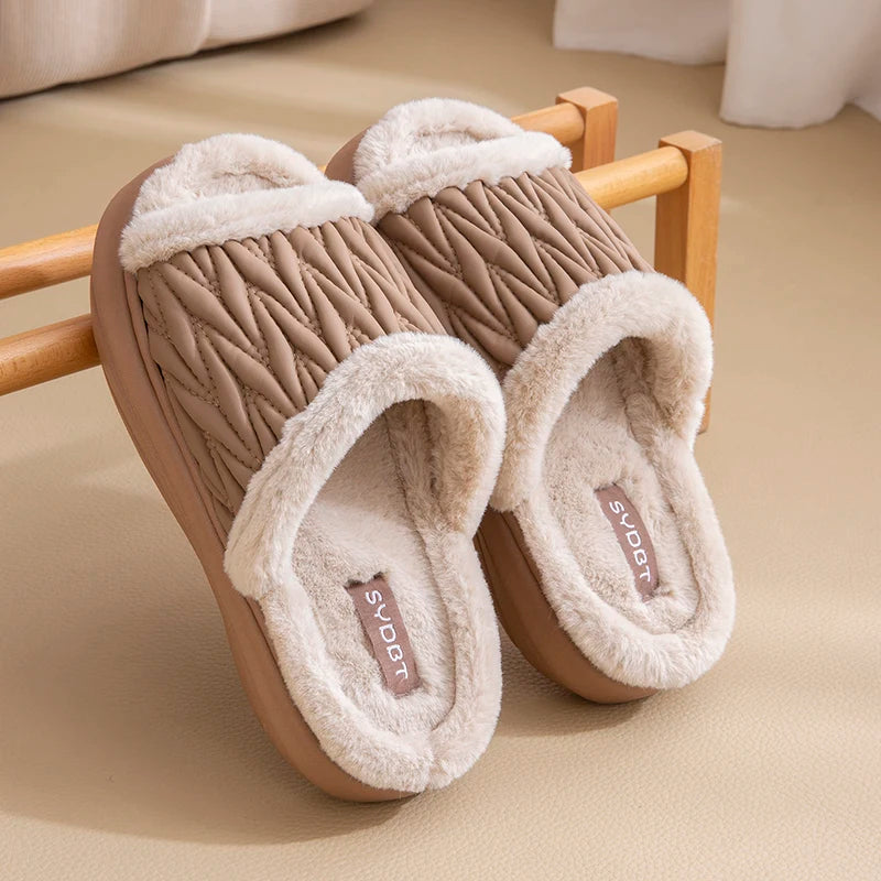 Unisex Block Fuzzy Fur Slippers EVA Thick Anti Slip Platform Sole