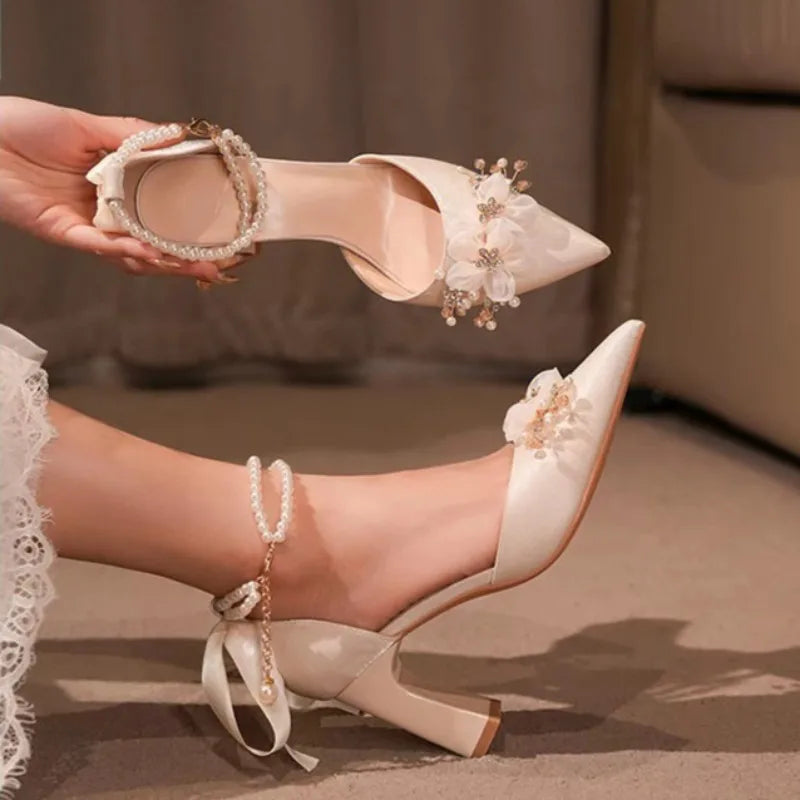 Women Sandals All-match Comfort Wedding Shoes Pointed Heel Retro Zpaxo