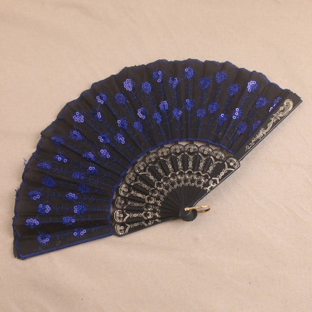 Silk Peacock Sequin Folding Fan – Dance, Wedding & Decor
