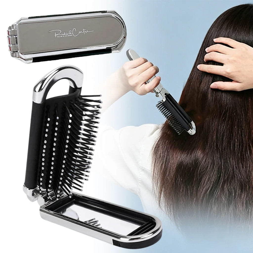 Folding Hair Brush with Mirror – Compact Travel Detangler