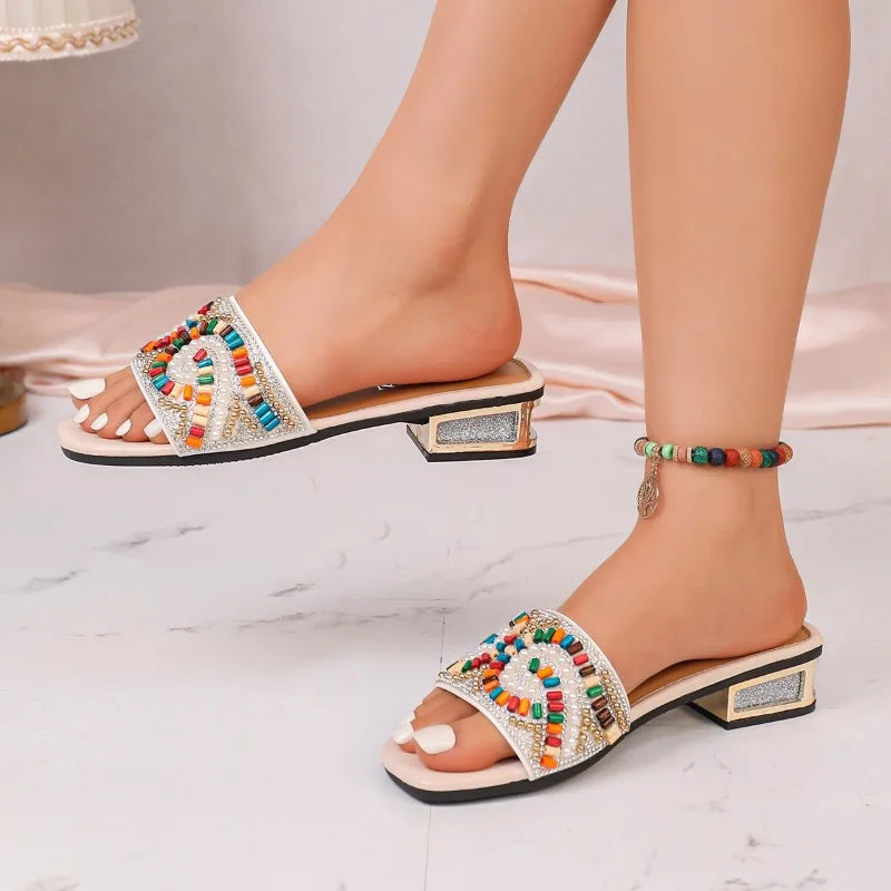 Bohemian Women's Square Open Toe Vintage Pearl Embellishment Slippers Zpaxo