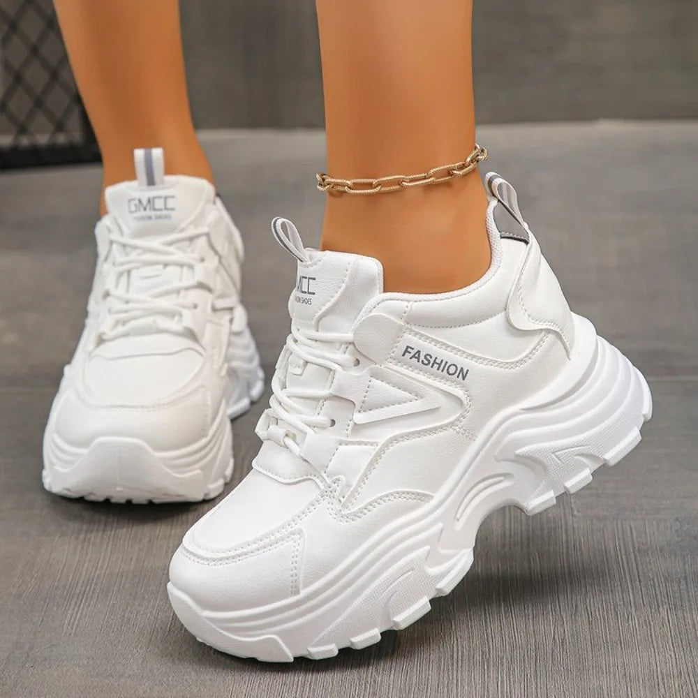 Women's Height Increasing Chunky Sneakers White Black Platform Sports