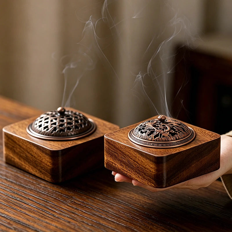 Walnut Wood Incense Burner Dragon Phoenix Hollow Lid Square Sandalwood Censer Incense Holder Home Room Teahouse Decor Zpaxo