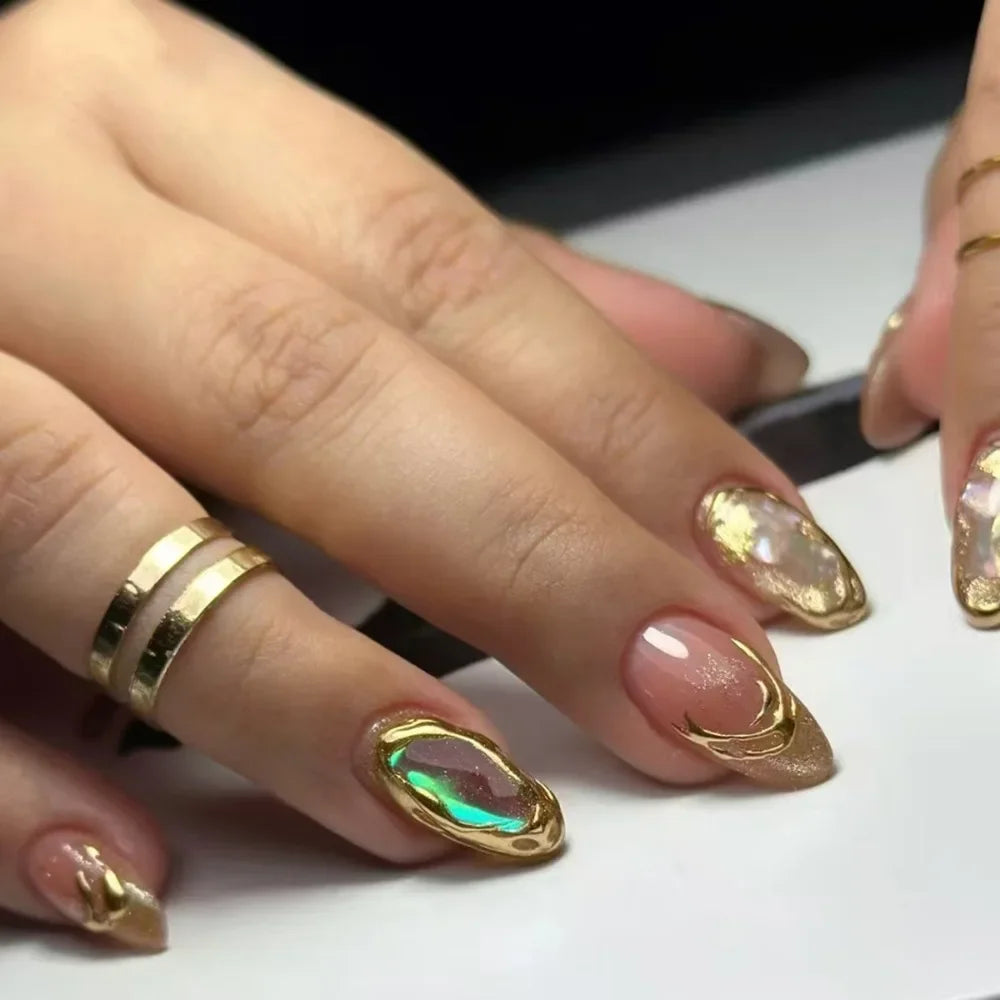 Long Almond False Nails French Leopard Star Press Fake DIY Manicure