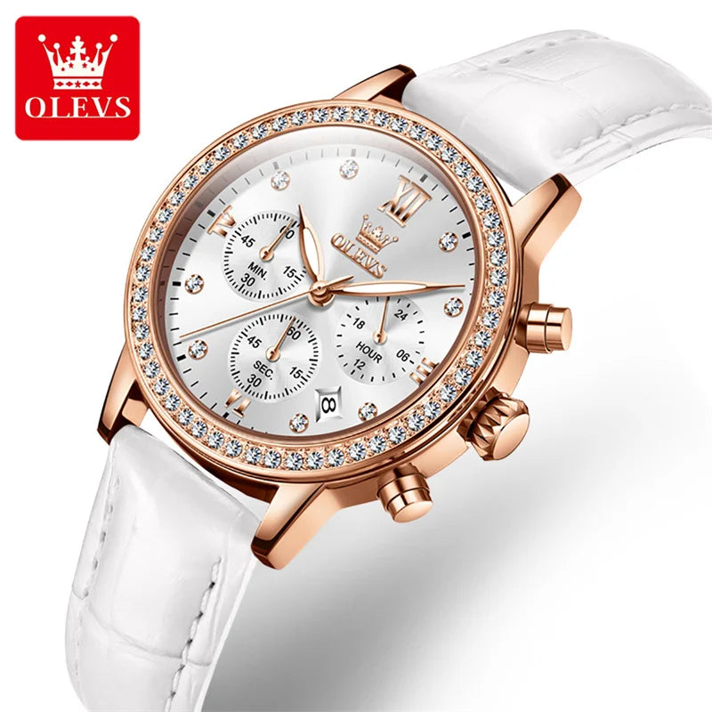 OLEVS Fashion Diamond Watches For Women Luxury Brand Rose Gold Case Ladies Quartz Watch White Leather Strap reloj para mujer Zpaxo