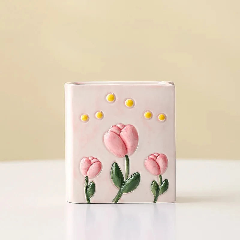 Tulip Ceramic Pen Holder Book-shaped 3D Relief Storage Makeup Brush