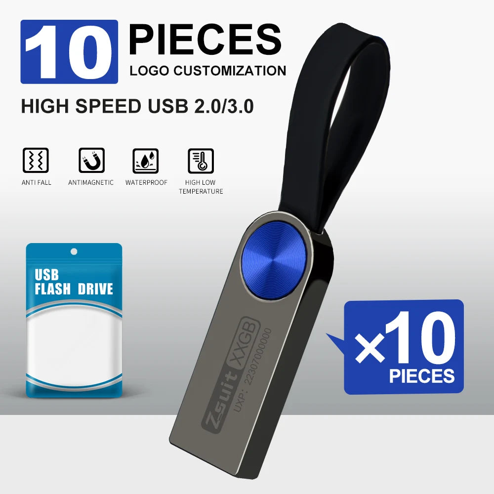 ZSUIT 10Pcs USB Drive 32GB 64GB High Speed Pen Drive 3.0 Memory Stick 128GB Waterproof Pendrive Metal USB Disk Memoria Stick DD Zpaxo USB 3.0-32gb Blue
