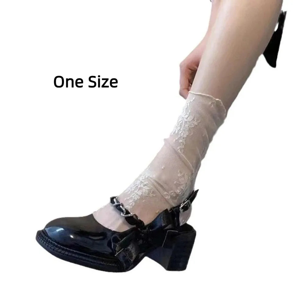 New Summer Thin Floral Socks Anti Slip Lace Gauze Women Stockings Black White Aesthetic Middle Tube Socks Girls Lolita Socks Zpaxo