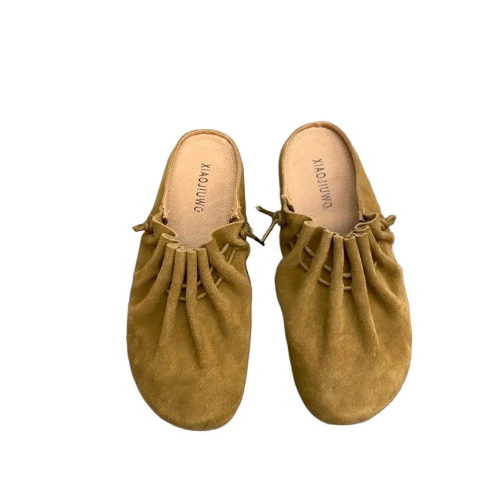 Women Flats Slippers Designer Pleated Casual Mules Shoes 2025 Spring