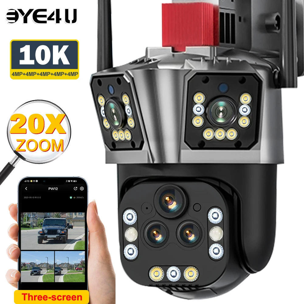 10K 20MP WiFi IP Camera 20X Zoom Four Lens Three Screen PTZ Cameras Outdoor 16MP 8K Video Surveillance Cam CCTV Security Camera Zpaxo