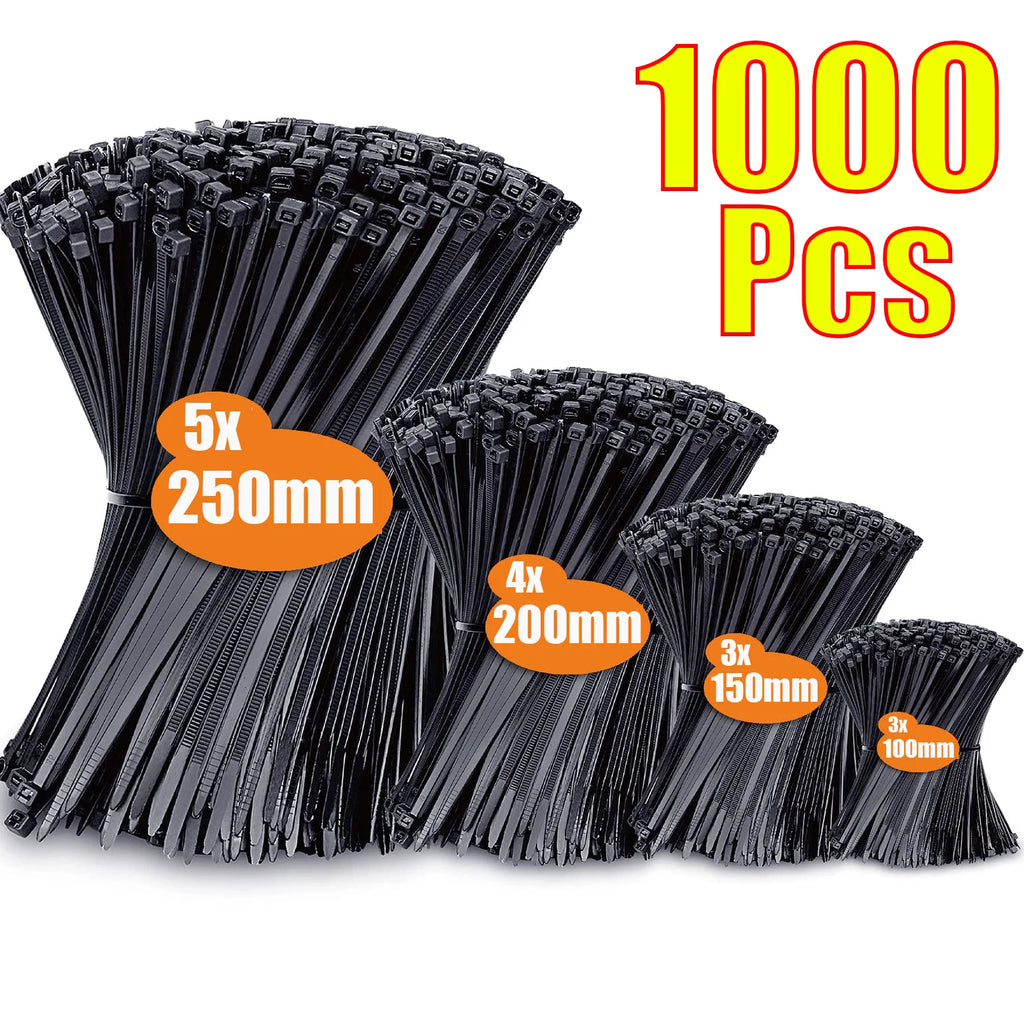 1000 Nylon Cable Ties Self-locking Cord Straps Adjustable Cables