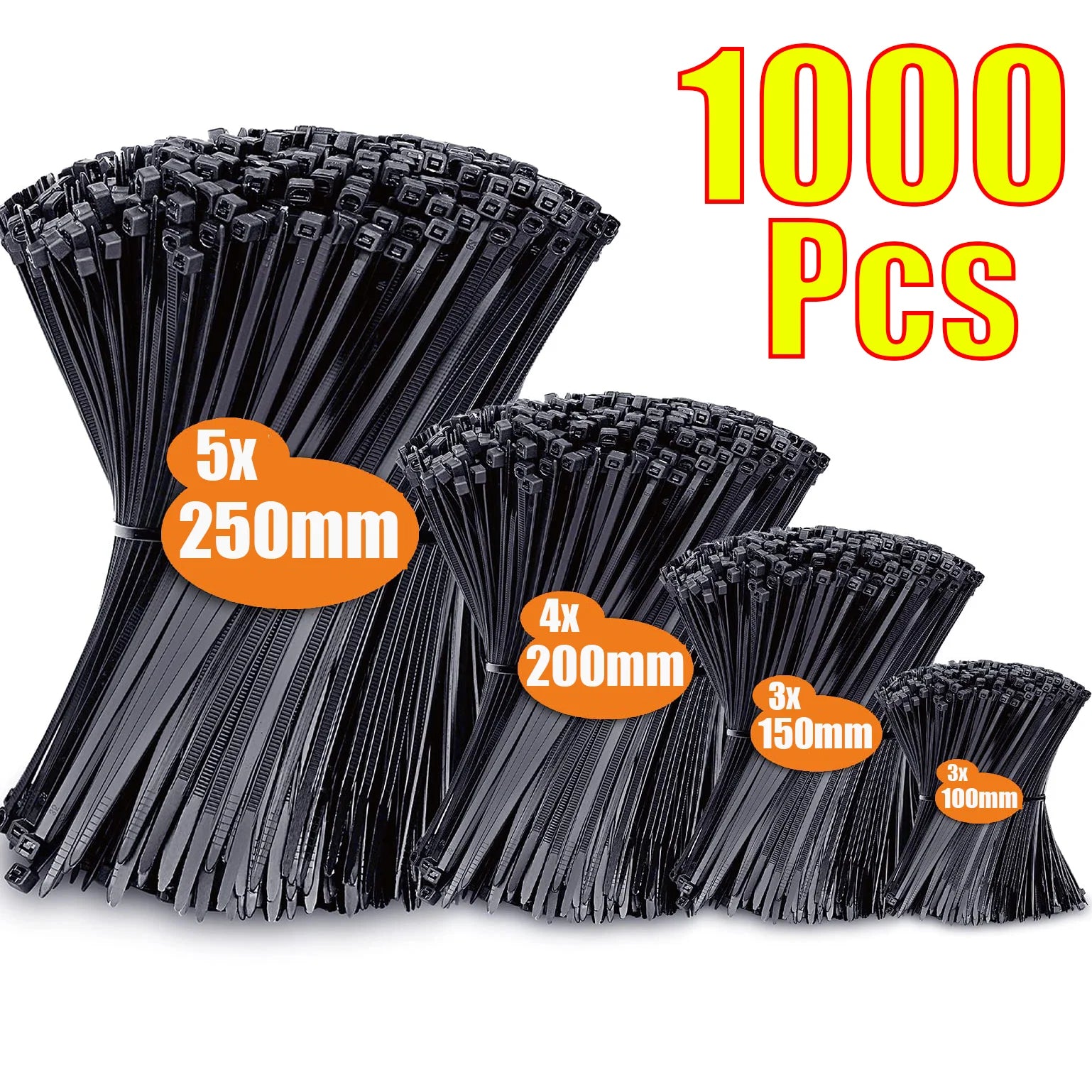 1000 Nylon Cable Ties Self-locking Cord Straps Adjustable Cables