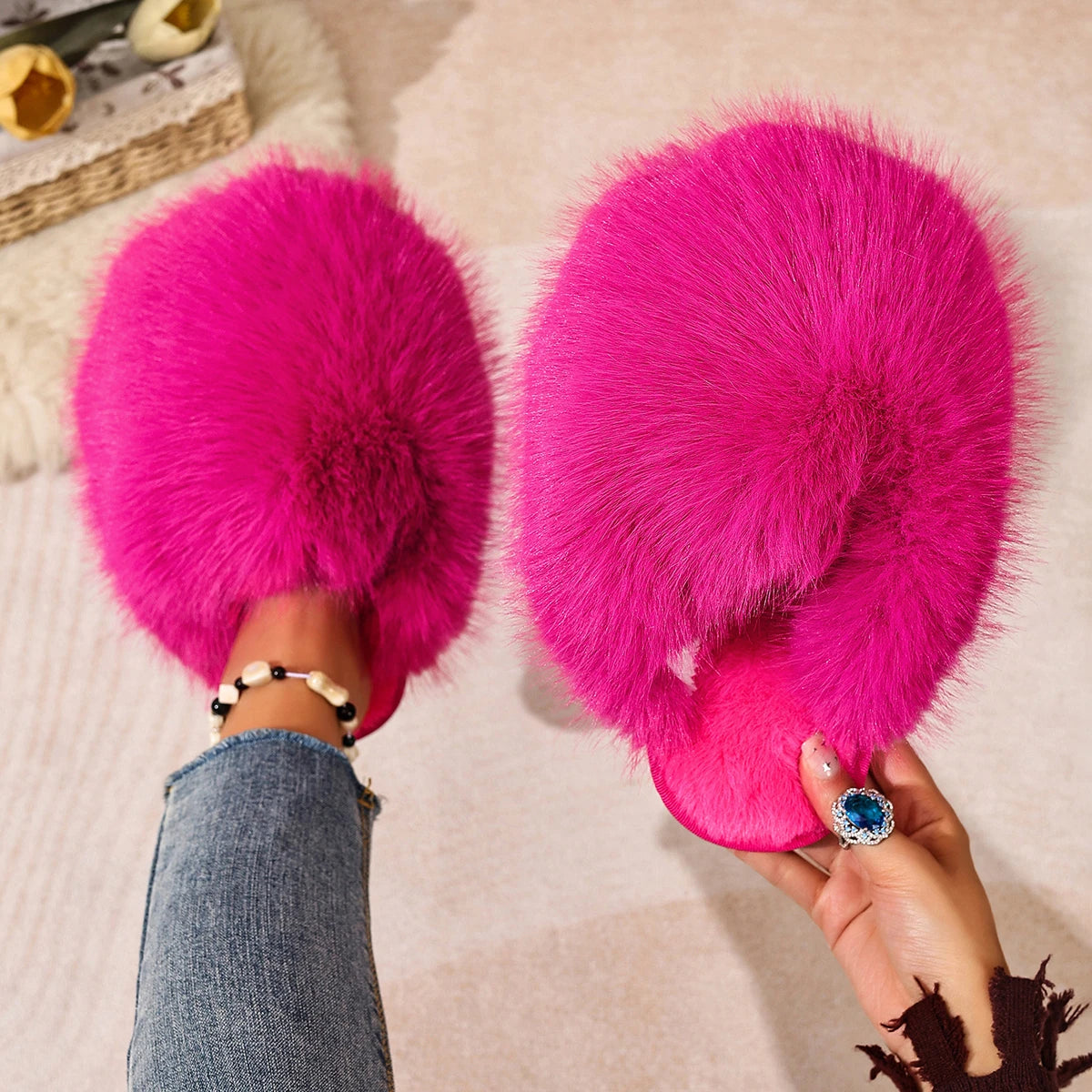 Winter Women Indoor Slippers Fashion Faux Fur Home Shoes Women Trend Soft Sole Warm Fluffy Slippers Solid Baotou Slides Women Zpaxo Rosy Red 42-43