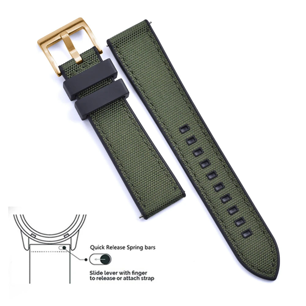 High Quality FKM Canvas Watch Strap 20mm 22mm Hybrid Fluoro Rubber Nylon Watchbands Quick Release For Each Brand Diving Watches Zpaxo Black-Green 3 20mm