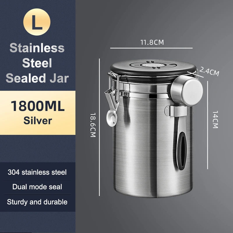 1.2 1.5 1.8L Coffee Bean Jar Airtight Canister Sealed Stainless Steel With Spoon One Way Valve Cannister Coffee Storage Kitchen Zpaxo 1800ml Silver