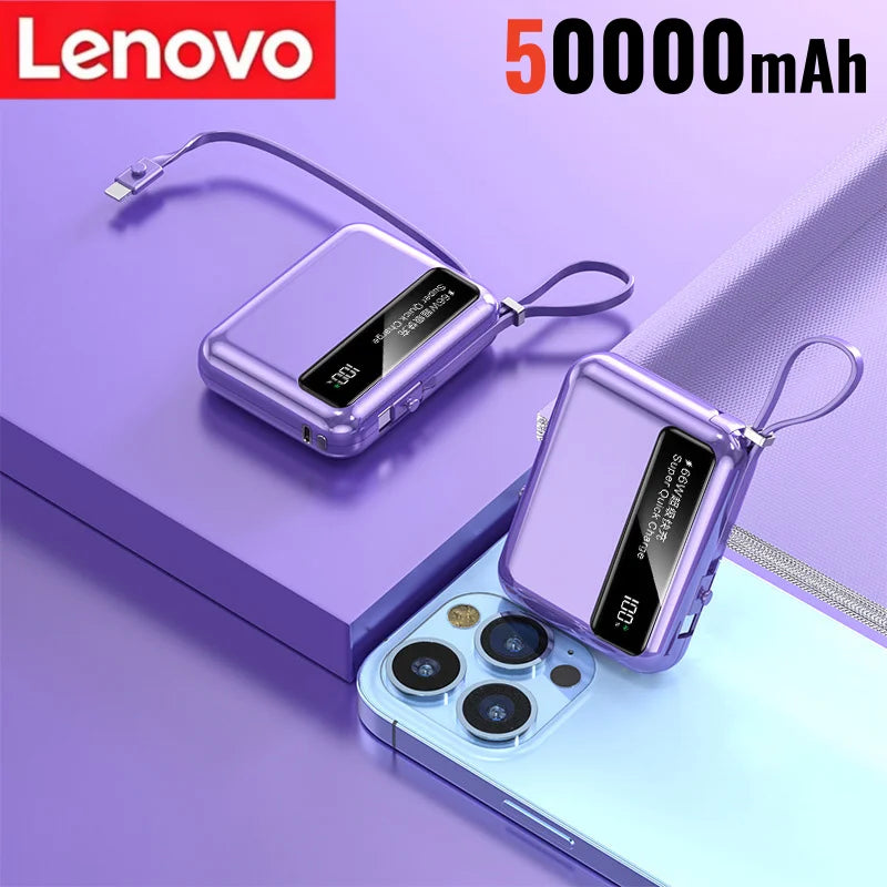 Lenovo 50000mAh 66W Power Bank Built-In Dual USB-C Cable Fast Charge Digital Display Power Bank For iPhone Samsung Zpaxo Purple 50000mAh 30001mAh-50000mAh