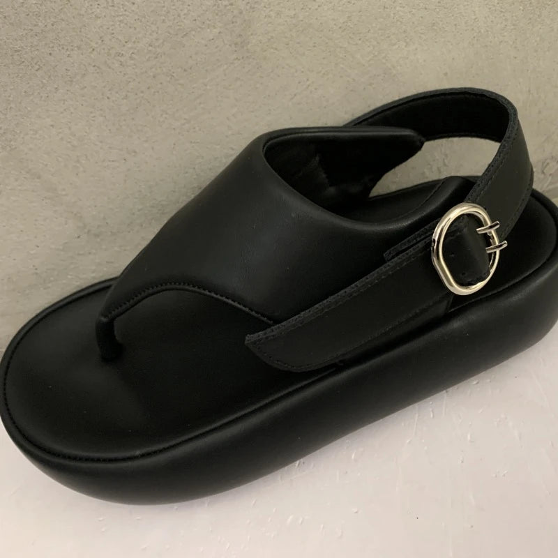 Thick-soled Heightening Belt Buckle Clip-toe Sandals 2025 Summer Leather Beach Shoes Casual Roman Women's Shoes Zpaxo