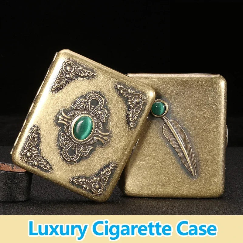 Vintage Relief jade Capacity 20pcs Cigarette Storage Case Pocket Metal Cigarettes Holder Vintage Relief Feather Men's Gifts Boxs Zpaxo