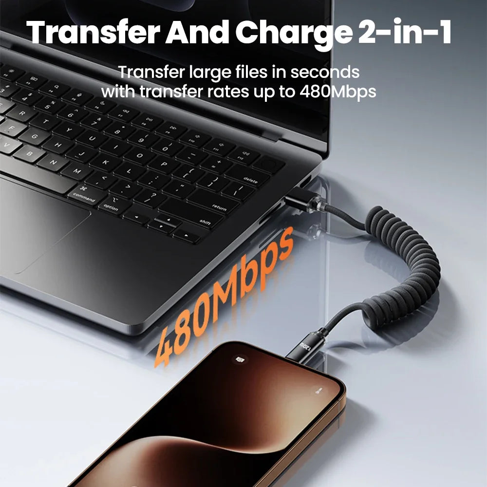 120W USB-C Fast Charging Spring Cable – iPhone Samsung Huawei USB-C Charging Cable Zpaxo