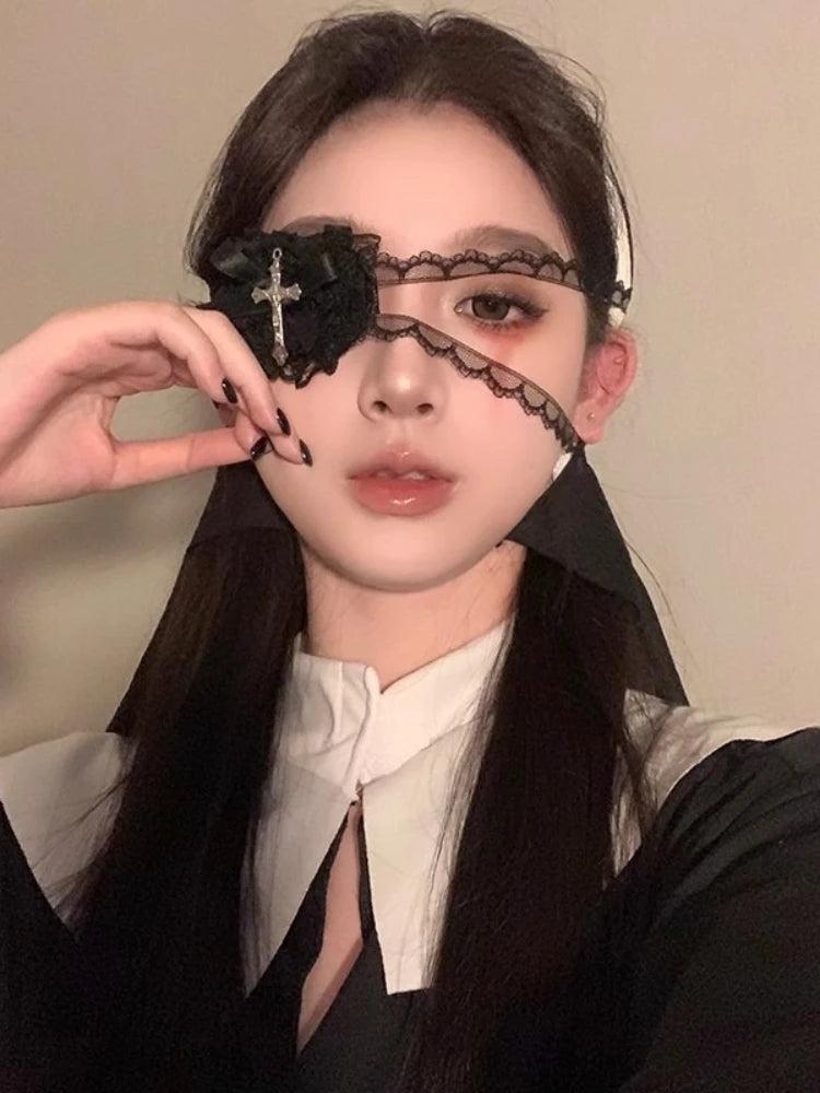 Sweet Edgy Black White Lace Bow Heart Cross Eye Mask Halloween Lolita