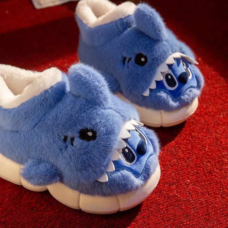 SHAJI Unisex Cute Cartoon Shark Plush Slippers Winter Warm EVA Thick