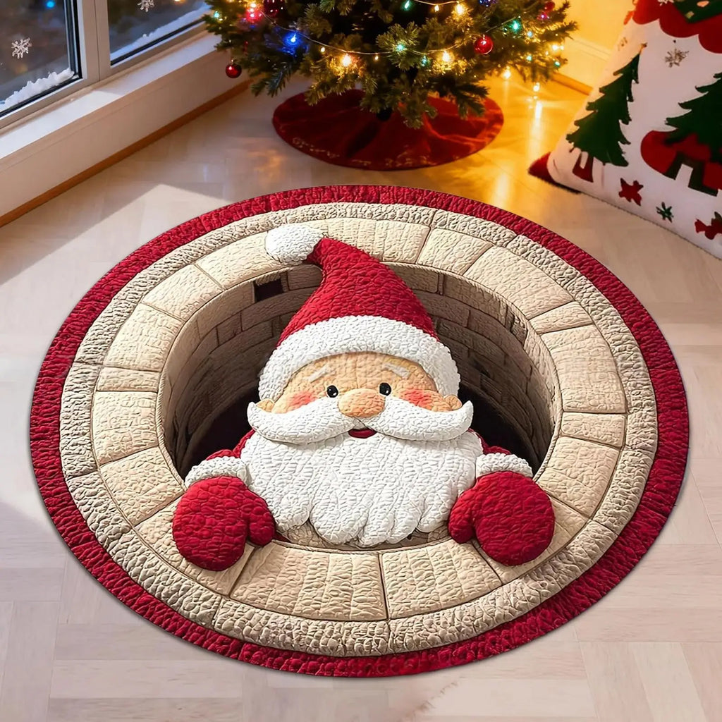 Christmas 3D Rug Round Santa Claus Washable Door Mat Optical Illusion