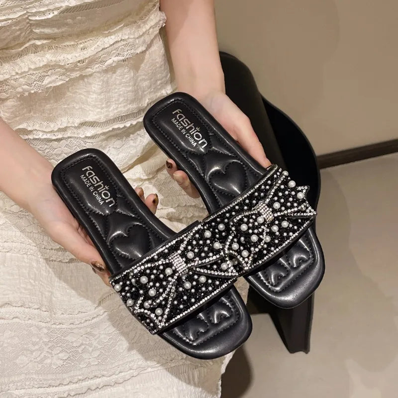 Light Luxury Elegant Pearl Rhinestone Women's Flat Sandals Bow Summer Zpaxo black 41