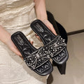 Light Luxury Elegant Pearl Rhinestone Women's Flat Sandals Bow Summer Zpaxo black 41