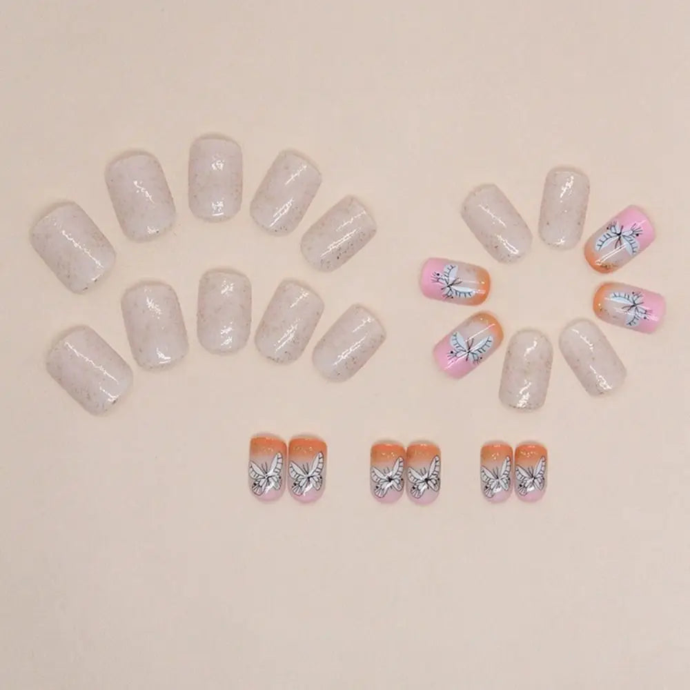 Short Round False Nails French Bear Glitter Butterfly Full Cover Zpaxo