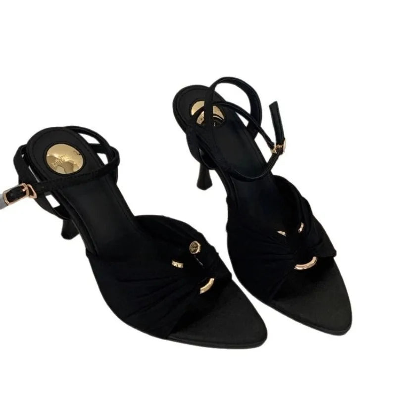 2025 Fashion Hollow Out Metal Buckle Woman Sandals Cozy Silk Ankle