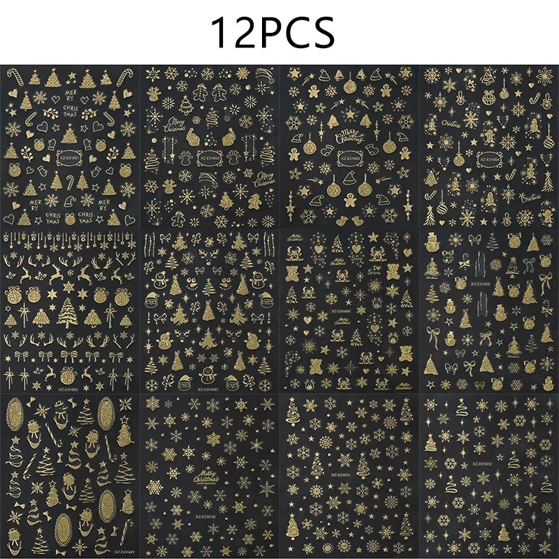 1/12pcs Multi Design Christmas Nails Sticker 3D Gold Stamping Sparkling Snowflake Christmas Tree Bowknot Winter Adhesive Decals Zpaxo Set-Gold-12pcs