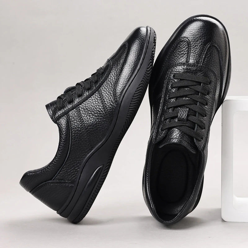 Mens All Black Leather Casual Sneakers Low Lace Up Comfortable Shoes Zpaxo