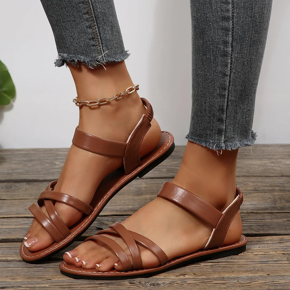 2025 New Shoes for Women Summer Women Flat Bottom Sandals Roman Strap Outdoor Shoes Non Slip Rubber Soles Daily Sandals Ladies Zpaxo Brown 41