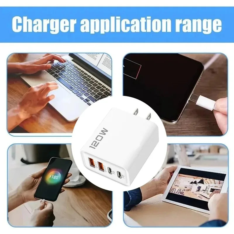 120W 4 Port USB C Charger Fast Charging Data Cable Phone Adapter