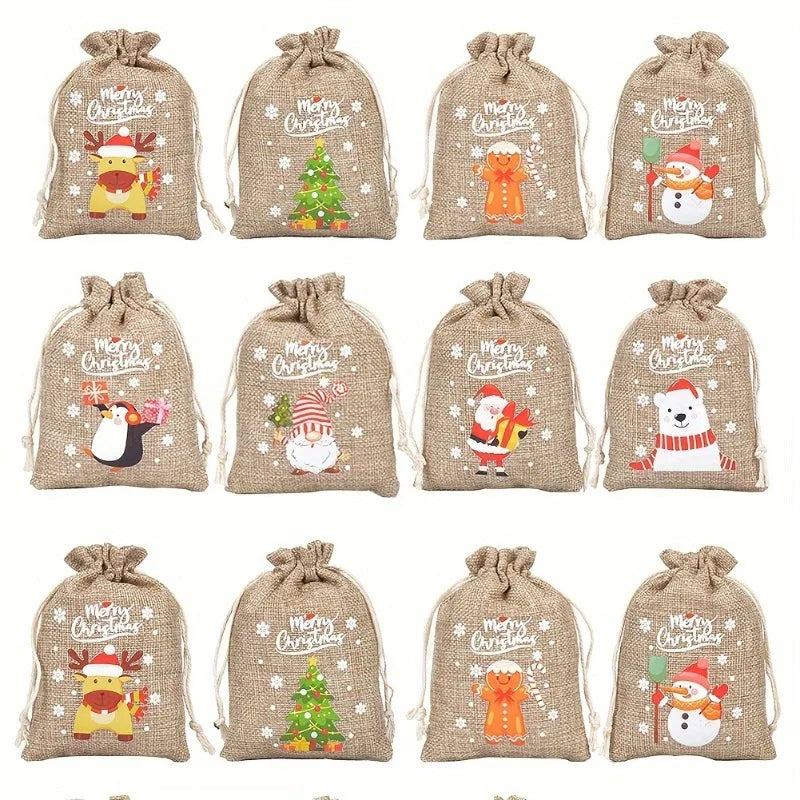 Christmas Burlap Bags Drawstring Linen Sacks Reindeer Tree Designs