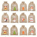 Christmas Burlap Bags Drawstring Linen Sacks Reindeer Tree Designs