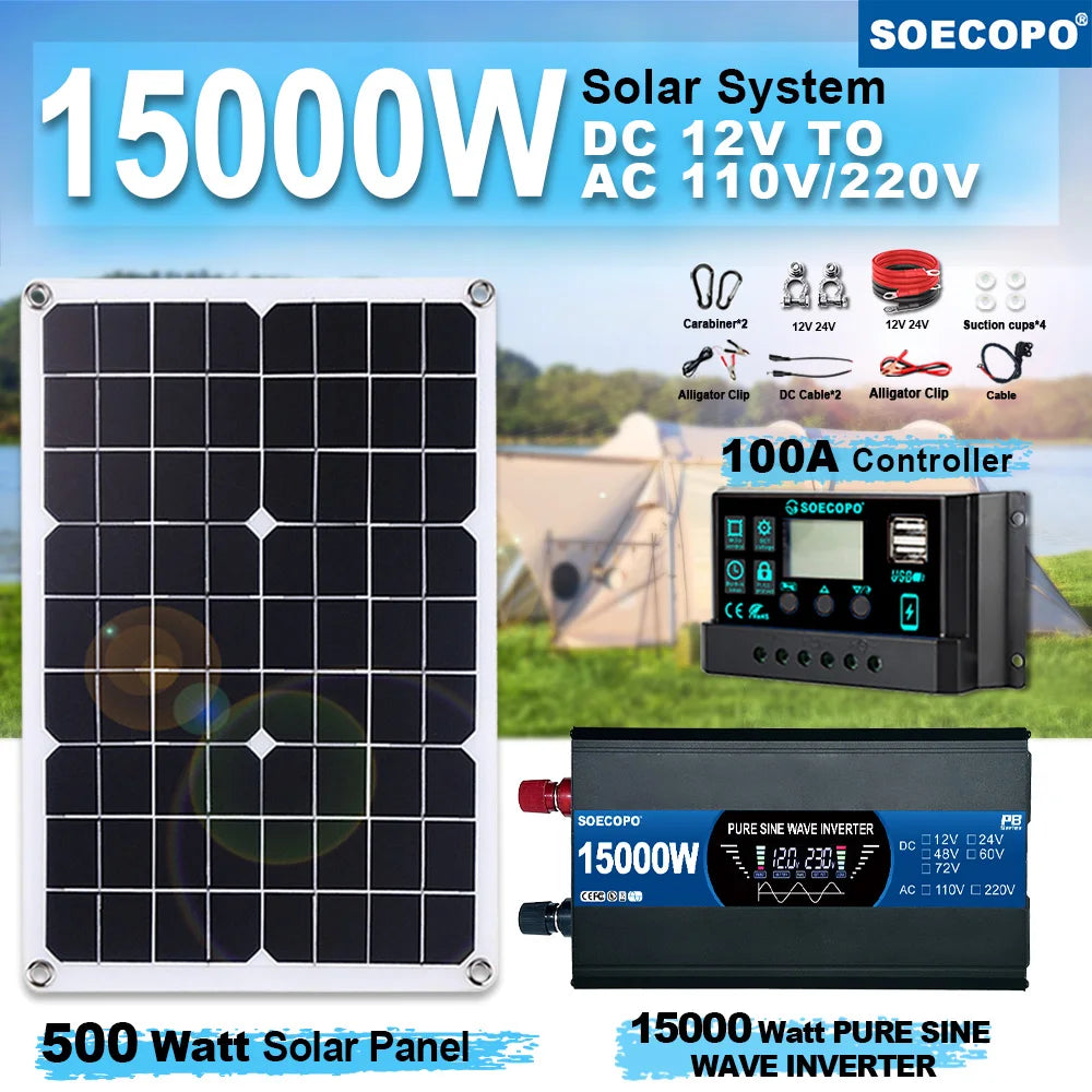 SOECOPO 15000W Pure Sine Wave Inverter（12V To 110V/220V） Portable Solar System Kit 500W Panel 100A Controller for Camping/Home Zpaxo