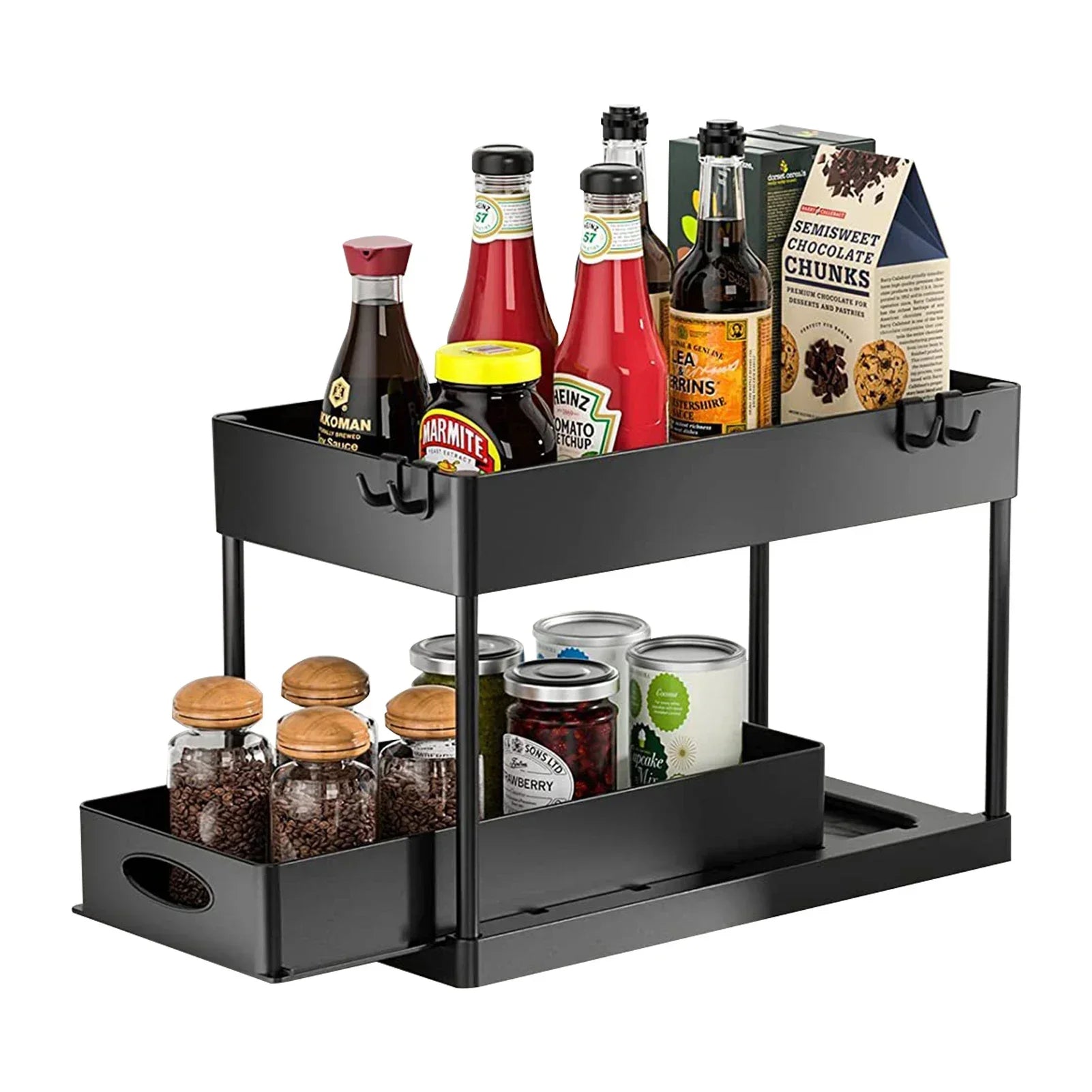2 Tier Under Sink Sliding Cabinet Basket Organizer Storage Rack with Hooks Hanging Cup Bathroom Multifunctional Storage Rack Zpaxo