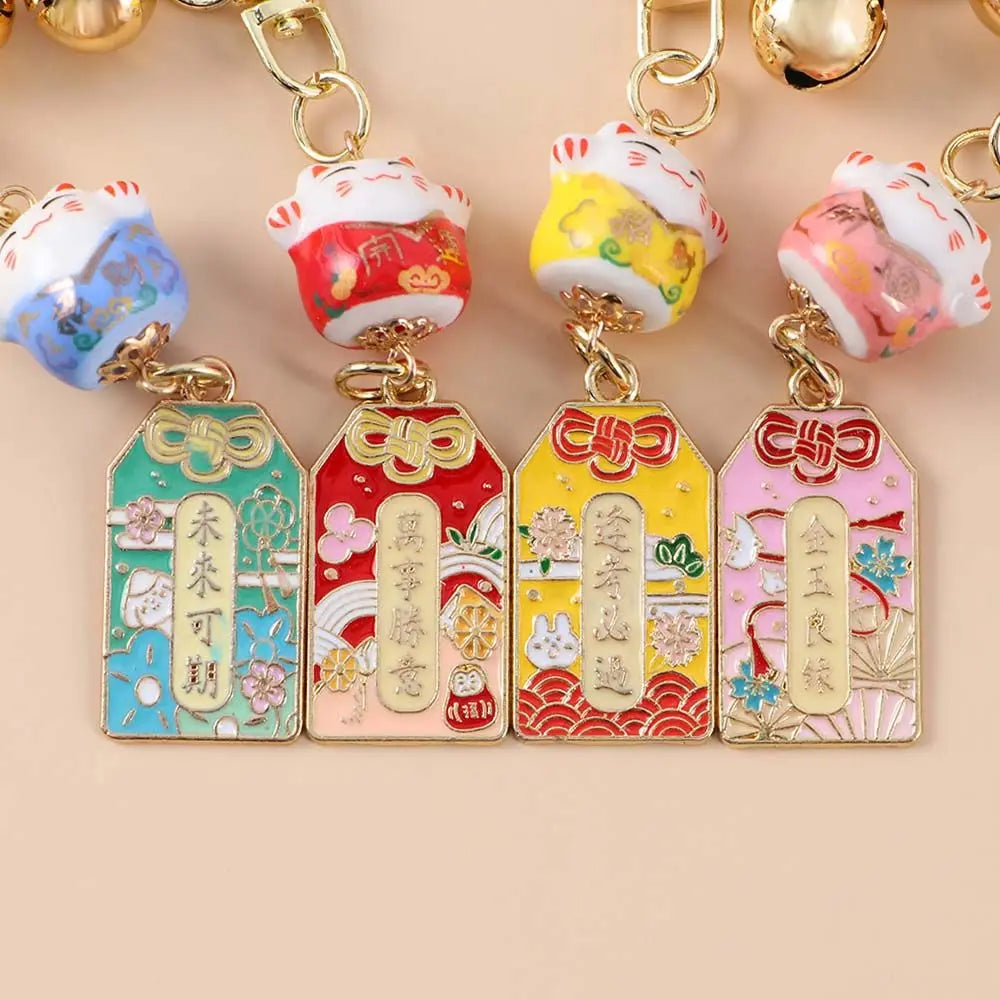 Female With Bell Mobile Decoration Cartoon Metal Ceramics Backpack Pendant Car Keyring Key Lanyard Lucky Cat Keychain Amulet Zpaxo