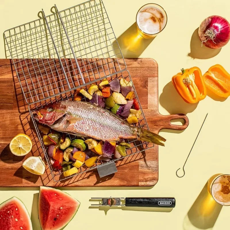 Portable Metal iron Folding Grill Basket BBQ Grill Basket With Handle for Fish Vegetables Shrimp Cook Accessories Outdoor Zpaxo