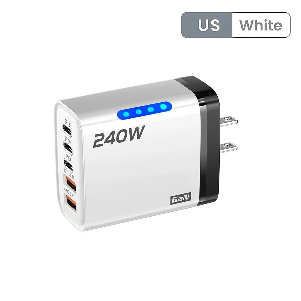 240W 5-Port Fast Charger – USB-C PD & QC 3.0 Wall Adapter Multi-Port Wall Charger Zpaxo US White