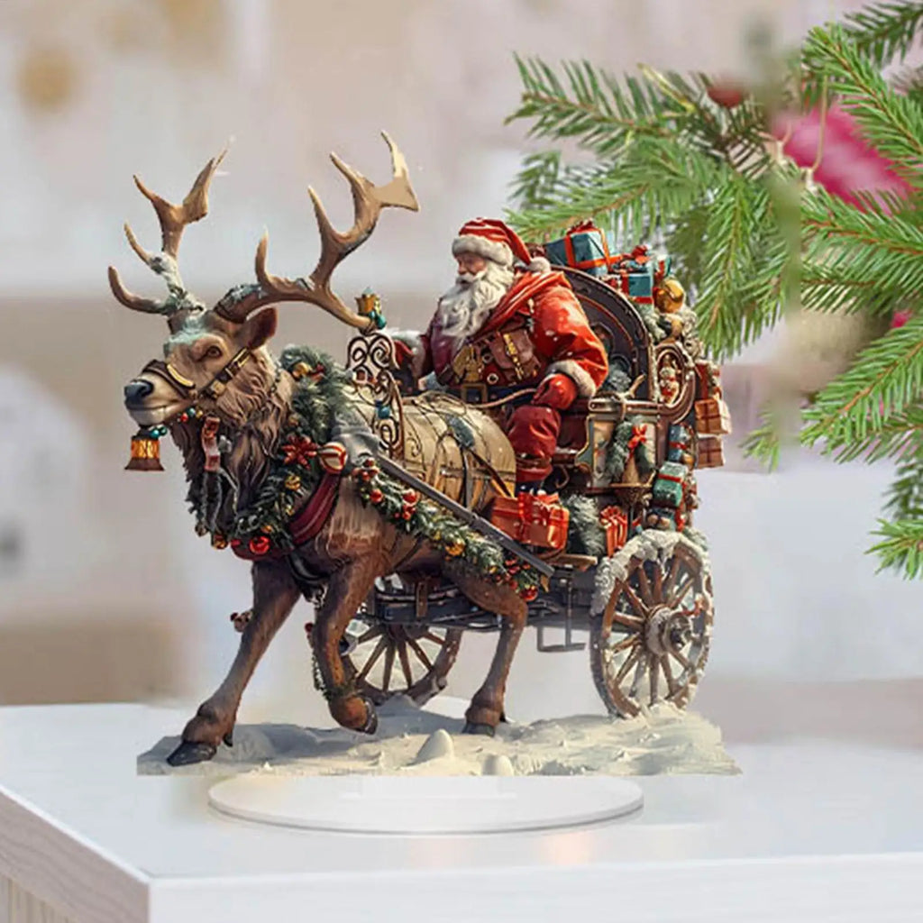 Santa Sleigh Reindeer Figurine 2D Acrylic Table Decor Deer Home Party