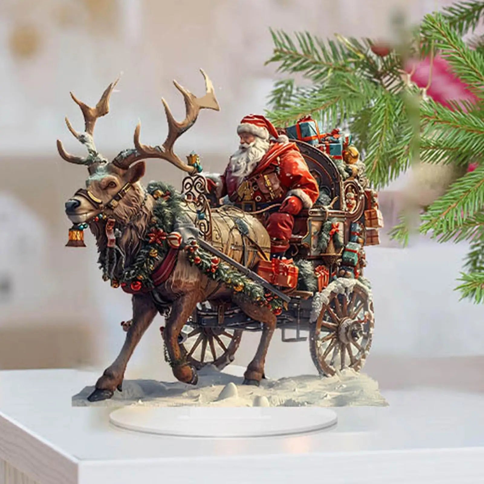 Santa Sleigh Reindeer Figurine 2D Acrylic Table Decor Deer Home Party