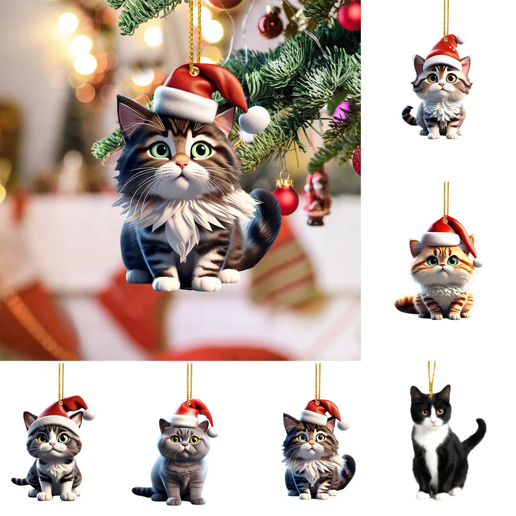 2D Acrylic Funny Cat Christmas Tree Ornament | Santa Hat